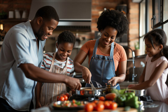 An African American family sharing and cooking together.