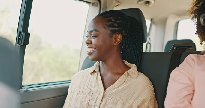 Road trip, black woman and window view in a van with thinking, freedom and travel on a holiday. Vacation, smile and happy tourist in a caravan together on a journey and adventure with transportation