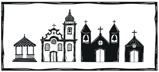 Baroque church, chapel and typical interior of Brazil. Woodcut vector, in Brazilian cordel style
