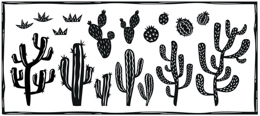 Cacti, succulents. Desert landscape elements. Brazilian cordel woodcut vector.