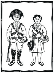 Couple from Cangaceiros from northeastern Brazil. Lampião and Maria Bonita. Cordel style woodcut vector