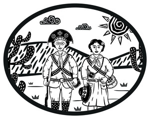 Couple from Cangaço from northeastern Brazil. Lampião and Maria Bonita. Cordel style woodcut vector