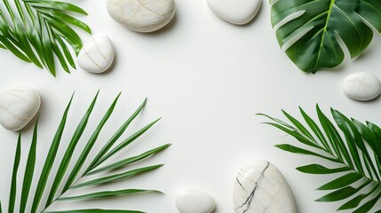 Fototapeta na wymiar Top view of natural white stones and palm leaves on a white background. Spa background, top view. A tropical summer background for luxury product placement