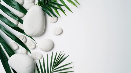 Top view of natural white stones and palm leaves on a white background. Spa background, top view. A tropical summer background for luxury product placement