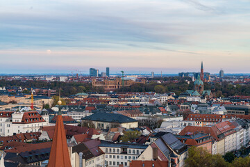 Fototapeta na wymiar Sunset Glow Over Munich Old Town Skyline Aerial