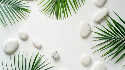 Poster Top view of natural white stones and palm leaves on a white background. Spa background, top view. A tropical summer background for luxury product placement © ND STOCK