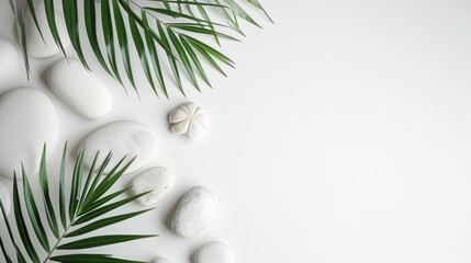 Fototapeta na wymiar Top view of natural white stones and palm leaves on a white background. Spa background, top view. A tropical summer background for luxury product placement