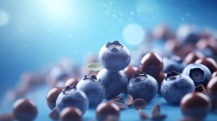 Ripe blueberries with scattered chocolate chips on a blue background, creating a dreamy culinary scene. - obrazy, fototapety, plakaty
