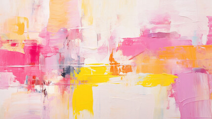Vivid pink and yellow strokes create a dynamic and abstract acrylic painting on a canvas.