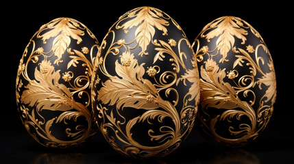 Three ornate Easter eggs adorned with intricate golden patterns stand out against a dark background, exuding luxury and tradition.