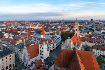 Fototapeta na wymiar Aerial Munich Marienplatz Panorama with Gothic Edifices in Autumn