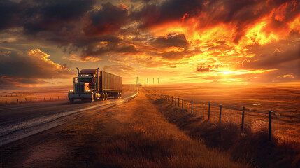 Fototapeta premium Delivery truck on the highway with sunset background.