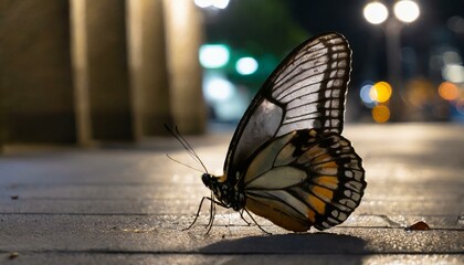 Fototapeta na wymiar butterfly in the night.a mesmerizing image of a vibrant butterfly perched on a city sidewalk at night. Utilize a DSLR with macro capabilities and a shallow depth of field to accentuate the butterfly's