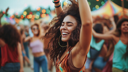 Portrait of a young woman dancing and enjoying music among a crowd at a music concert
