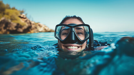 Naklejka premium Close-up of a happy woman above the sea surface after diving