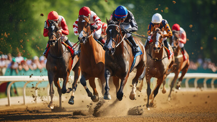 Race horses with jockeys on the track to the finish.