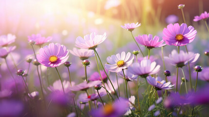 A field of delicate cosmos flowers captures the enchanting light of the golden hour, creating a dreamy landscape.