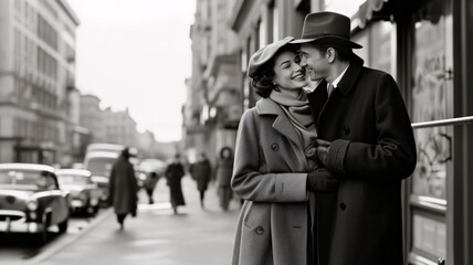 romantic vintage couple on city streets. black and white photography. - obrazy, fototapety, plakaty