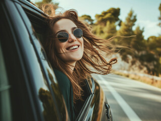 A happy woman in glasses looks out through the window of a moving car