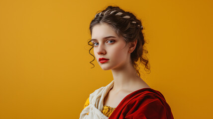 Portrait of a beautiful woman in ancient roman clothes isolated on a yellow background - obrazy, fototapety, plakaty