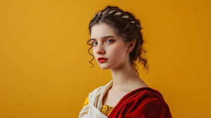 Keuken spatwand met foto Portrait of a beautiful woman in ancient roman clothes isolated on a yellow background © kura