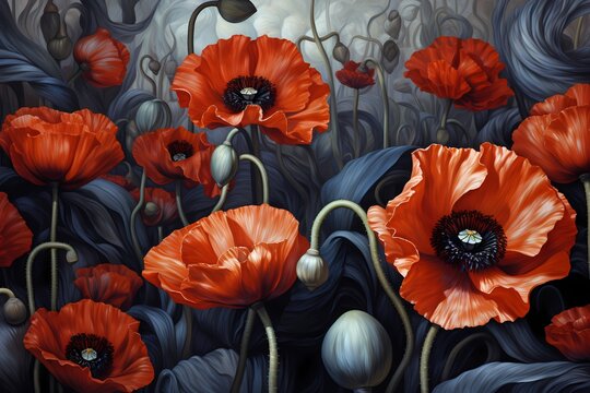 orange poppy flower in dark theme background painting illustration for wall art, craft work, card, wallpaper and background 