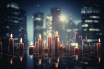 A candlestick grid chart representing stock market trading, showcasing bullish and bearish points along with financial growth concept. City backdrop is blurred with a double exposure. Generative AI