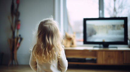 A toddler with blonde hair is seen from behind, focused on watching a television in a bright, airy room.