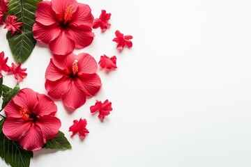 Tall hibiscus flowers with leaves isolated on white. Flat lay, top view, copy space. Generative AI - obrazy, fototapety, plakaty