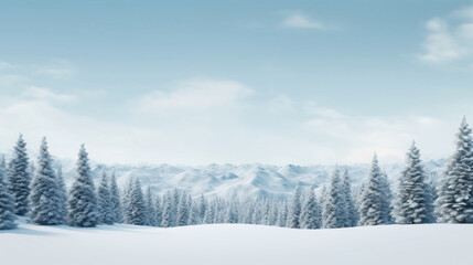 A tranquil winter scene showcasing a snow-covered forest with a distant mountain range under a clear blue sky.