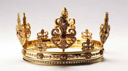 Fototapeta na wymiar A majestic golden crown adorned with gemstones and intricate details isolated on a white background.