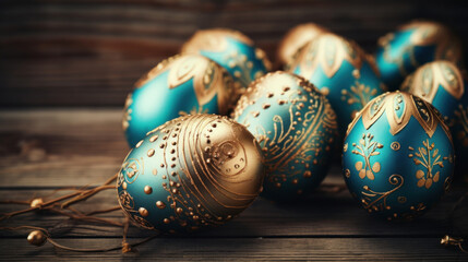 Obraz premium Luxurious blue and gold decorated Easter eggs with intricate patterns on a rustic wooden surface.