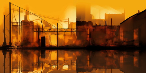 Antique factory silhouette with orange background and yellow bright reflection, with steel structures and brick walls, in the style of digital art