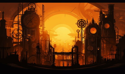 Antique factory silhouette with orange background and yellow bright reflection, with steel structures and brick walls, in the style of digital art