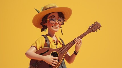Obraz premium Cartoon digital avatars of River Reed A cool and confident singersongwriter with a mandolin and a charming smile, blending elements of folk, blues, and country in their music.