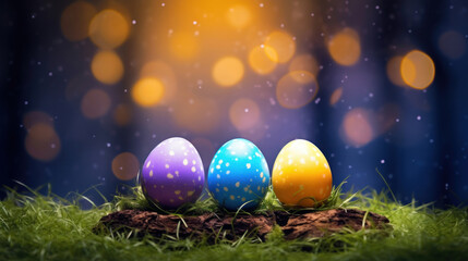Three decorated Easter eggs nestled on green grass with a sparkling bokeh background.