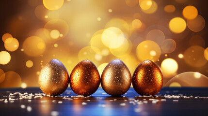 Fototapeta premium A row of glittering golden Easter eggs on a reflective surface with bokeh lights.