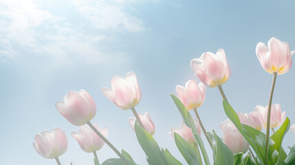 Pink tulips in bloom reaching towards a clear blue sky, symbolizing spring and renewal.