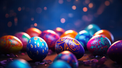 A variety of hand-painted Easter eggs with intricate designs on a dark surface, highlighted by colorful bokeh lights.