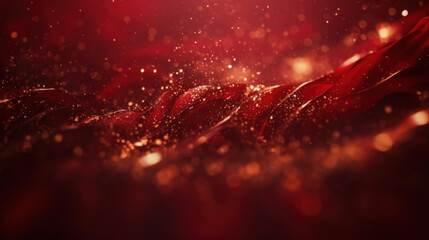 Close-up of wavy red satin fabric with a shower of glittering golden particles creating a luxurious and dynamic texture.