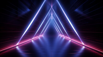Laser glow geometric figure in neon light against a dark tunnel. 3d render