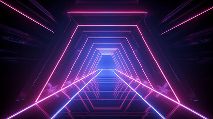geometric figure in neon light against tunnel 3d rendering