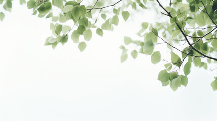 Soft-focus green leaves on a branch with a tranquil clear sky background.