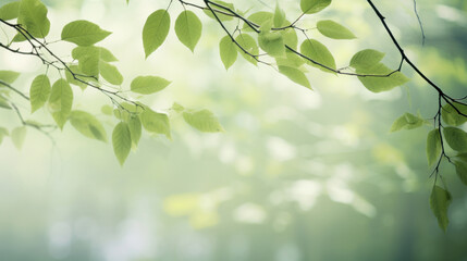 Fototapeta na wymiar Branch of green leaves in soft focus with a beautiful bokeh background in nature.
