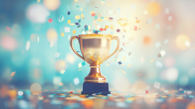 A gleaming golden trophy cup illuminated by soft blue bokeh lights, symbolizing achievement and festivity.