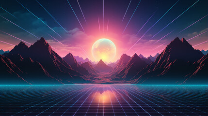 80s synthwave styled landscape with blue grid mountain - obrazy, fototapety, plakaty