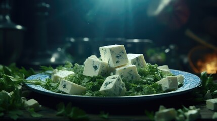 Slivers of sharp, salty feta cheese are thoughtfully arranged atop the bed of spinach, lending a creamy and tangy element to the overall flavor profile. - obrazy, fototapety, plakaty