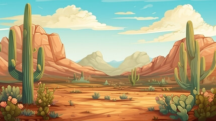 seamless background of landscape with desert and cactus - obrazy, fototapety, plakaty