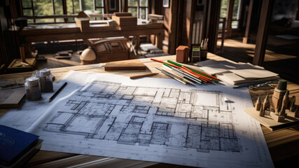 Closeup photo of Architect sketching project on blueprint at site construction work. Concept of architect, engineer in the office desk construction project banner	
