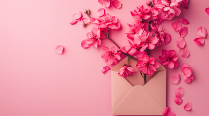 Valentine Pink flowers and petal envelope on pastel pink background.